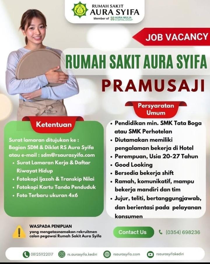 Lowongan Lowongan Kerja Pramusaji – Rumah Sakit Aura Syifa Kediri di RS Aura Syifa